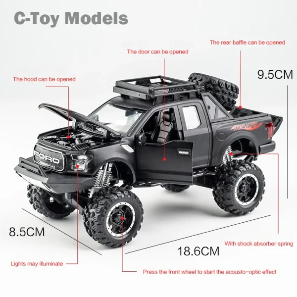 New 1:32 Ford Raptor F150 Alloy Diecast Car Model Toys Sound Light Toy Pickup Truck Pull Back Vehicle For Children машинки - Image 3