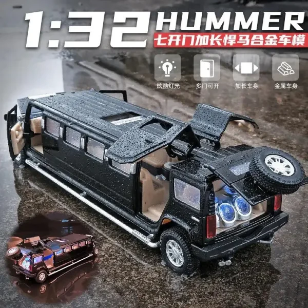 1:32 Alloy Hummer H2 Lengthen Limousine Metal Diecast Car Model Sound and Light Pull Back Kids Toy Vehicles gift - Image 5