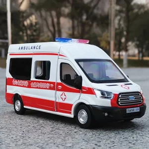 1:35 Ford Transit Ambulance Alloy Car Model Sound and Light Pull Back Children’s Toy Collectibles Birthday gift