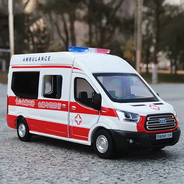 1:35 Ford Transit Ambulance Alloy Car Model Sound and Light Pull Back Children's Toy Collectibles Birthday gift