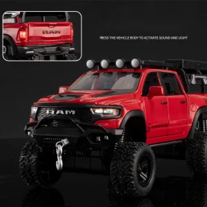1:32 Dodge RAM 1500 TRX 6X6 Tyrannosaurus Rex Picku Alloy Car Model Sound and Light Children’s Toy Collectibles Birthday gift