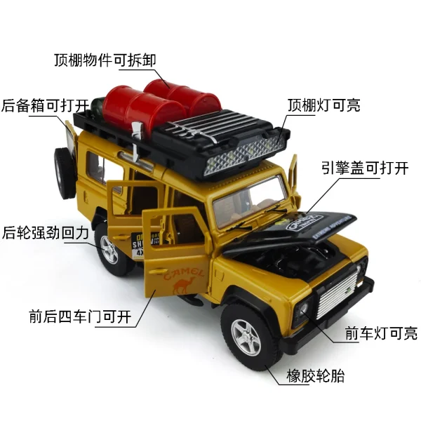 1:32 Land Rover Defender 110 CAMEL TROPHY Alloy Car Model Sound and Light Pull Back Children's Toy Collectibles Birthday gift - Image 5