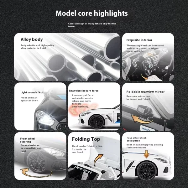 1:22 BMW Z4 M40i Supercar Alloy Car Model Sound and Light Pull Back Children's Toy Collectibles Birthday gift - Image 3