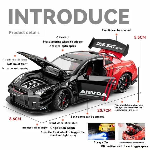 1:24 Nissan GTR R35 Spray Supercar Alloy Car Model Sound and Light Children's Toy Collectibles Birthday gift - Image 6