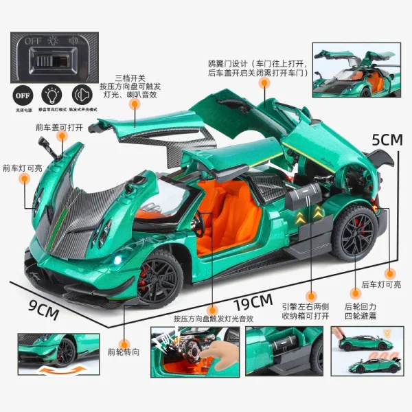 1:24 Pagani Huayra BC Supercar Alloy Die Cast Toy Car Model Sound and Light Pull Back Children's Toy Collectibles Birthday gift - Image 5