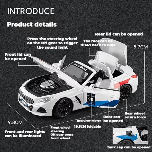 1:22 BMW Z4 M40i Supercar Alloy Car Model Sound and Light Pull Back Children's Toy Collectibles Birthday gift - Image 2
