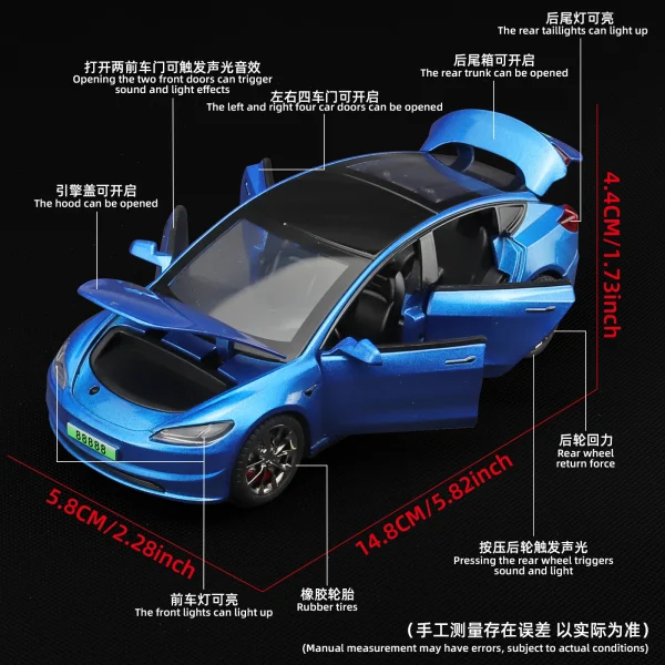 2024 NEW 1:32 Model3 Model 3 Alloy Muscle Car Model Sound and Light Pull Back Children's Toy Collectibles Birthday gift - Image 3