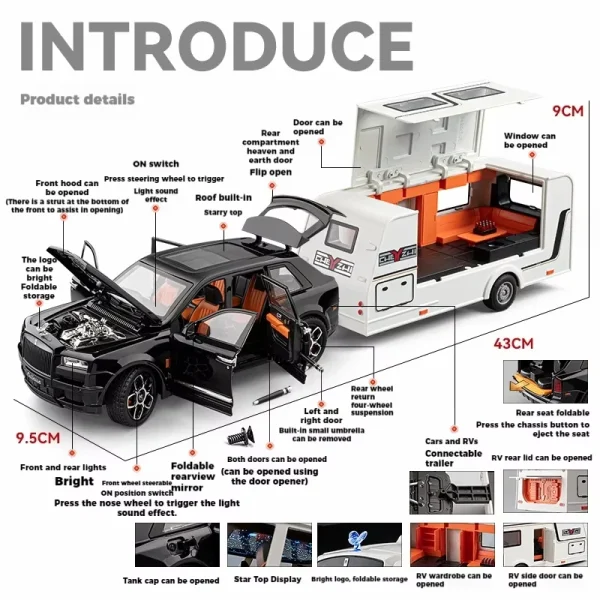 1:20 Rolls Royce Cullinan Travel RV Trailer Alloy Car Model Sound and Light Children's Toy Collectibles Birthday gift - Image 4