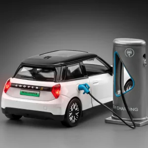 1:28 BMW Mini Cooper Electric Charging Pile Alloy Car Model Sound and Light Pull Back Children’s Toy Collectibles Birthday gift